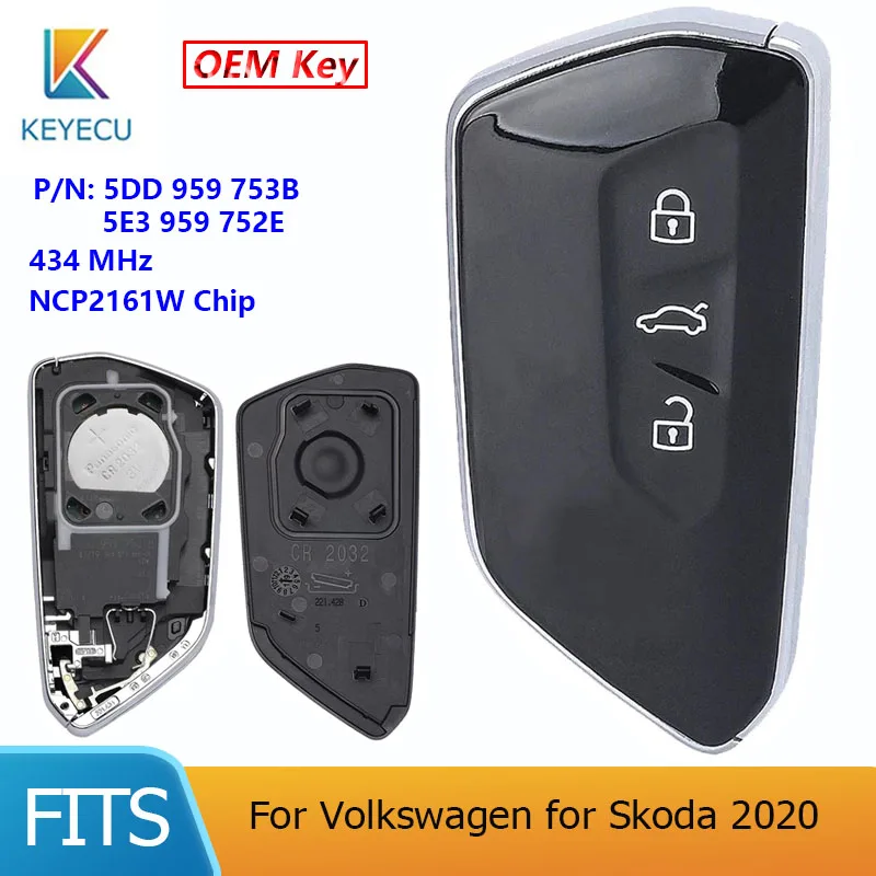 

KEYECU for Volkswagen for Skoda 2020 P/N: 5DD 959 753B, 5E3 959 752E OEM Smart Remote Car Key 3 Button 434MHz NCP2161W Chip