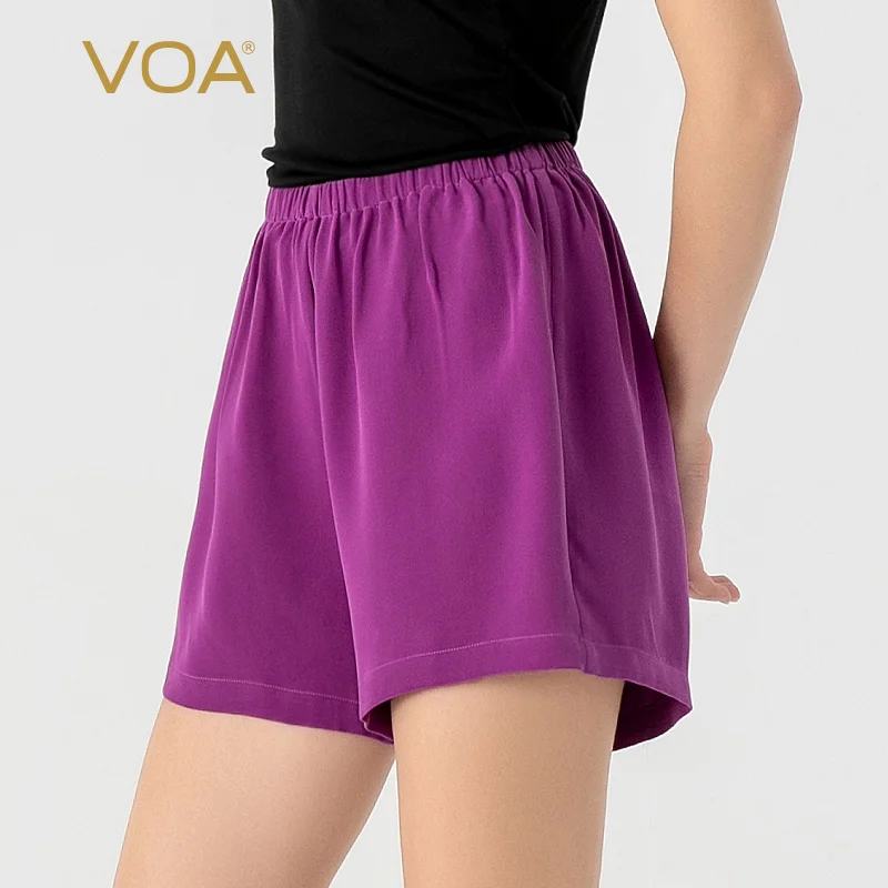 

【Seckill】VOA Silk Multicolor Printed Simple Basic Home Elastic Waist Shorts Women Summer Beach Casual Silk Womens Shorts KT2