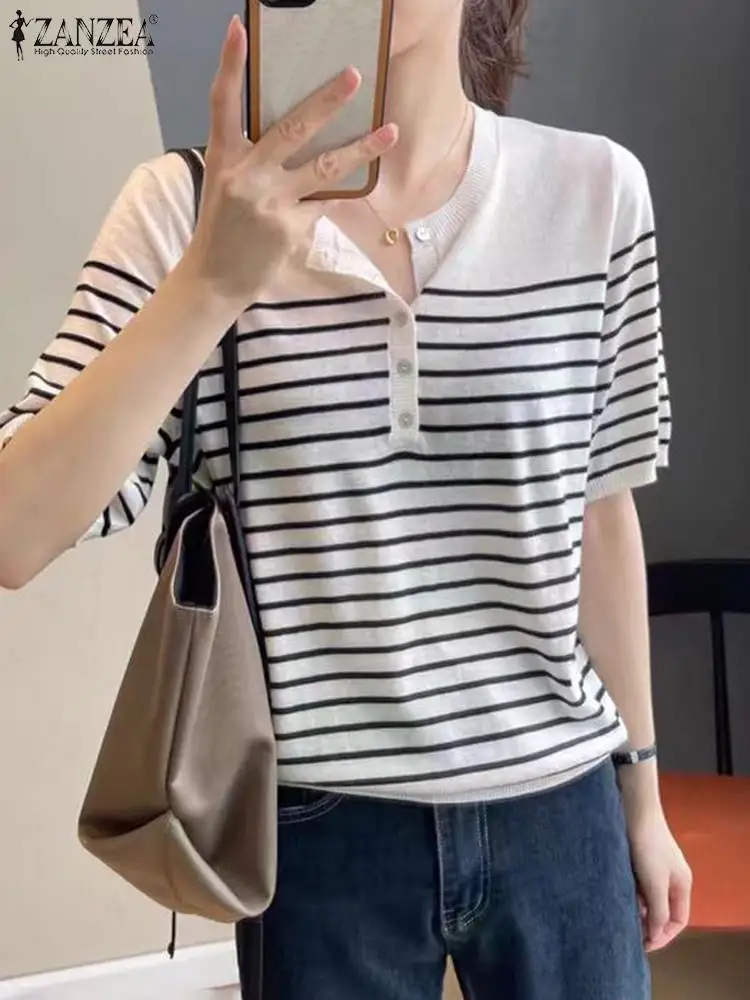 Летняя вязаная туника ZANZEA с коротким рукавом Корейская Повседневная полосатая