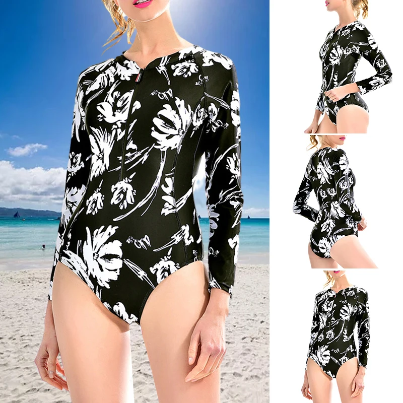 

Женский слитный купальник с длинным рукавом, купальный костюм с цветочным принтом и молнией спереди для летнего плавания XRQ88