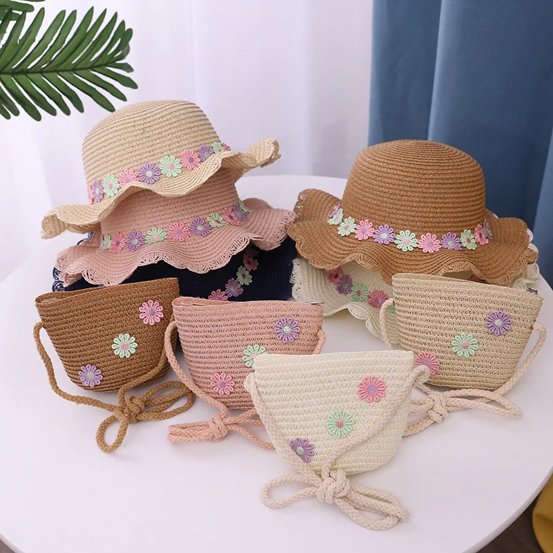 

Summer Kids Girls Beach Sun Hats Handlebag Set Wide Brim Straw Hat Cap Children's Holiday Travel Bags Baby Hat Gorras