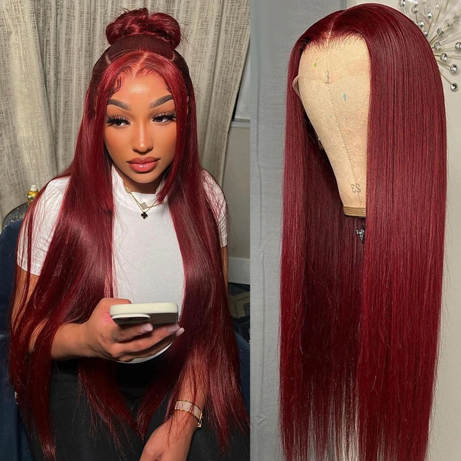 30 Inch 99j Burgundy Glueless Preplucked Human Hair Front Wigs 13x6 Hd Lace Frontal Wig 13x4 Colored Bone Straight Wig For Women