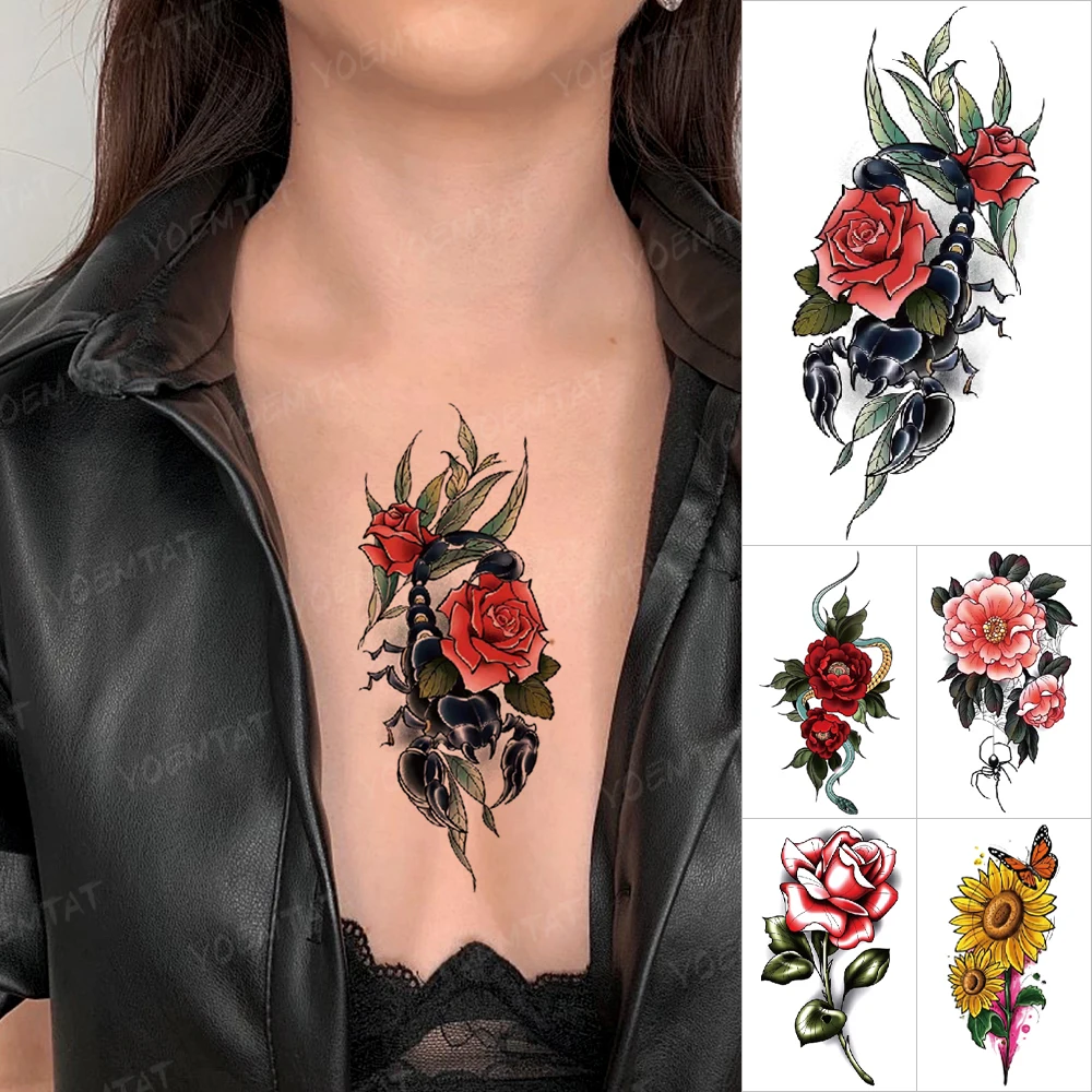 

Transfer Waterproof Temporary Tattoo Stickers Scorpion Rose Snake Sunflower Trumpet Flash Tatto Men Women Sexy Body Art Tattoos