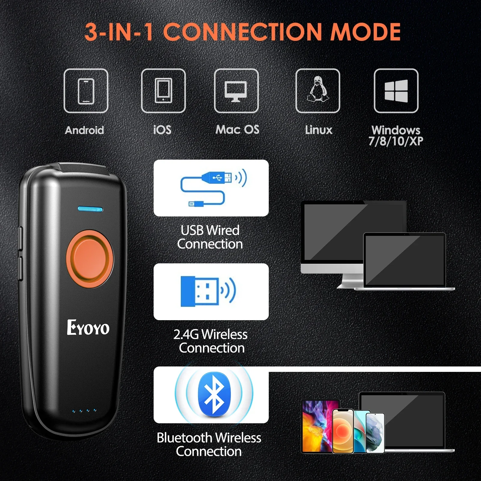Фото EYOYO EY-023L Мини-сканер штрих-кода 1D — беспроводная связь 2,4G/Bluetooth для Android/iOS/Windows, лазерный считыватель с автоматическим режимом сна №3