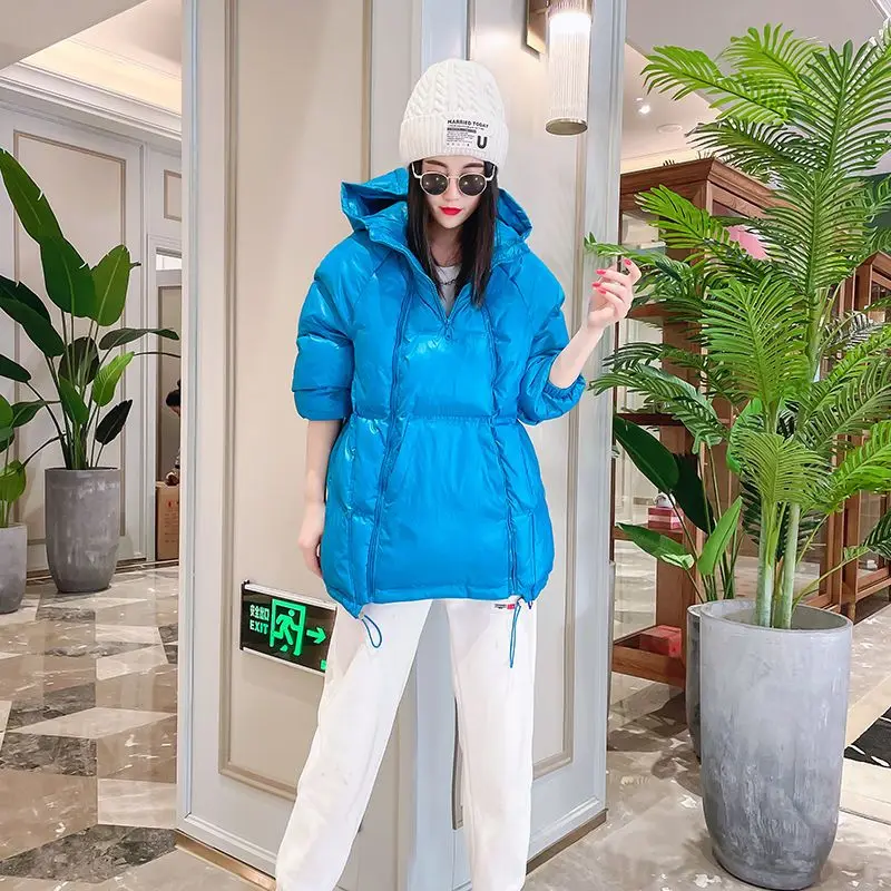 Womens Jackets Winter New Candy Color Pullover Hooded Cotton Padded Jacket Oblique Zipper Bread Coat Loose Warm