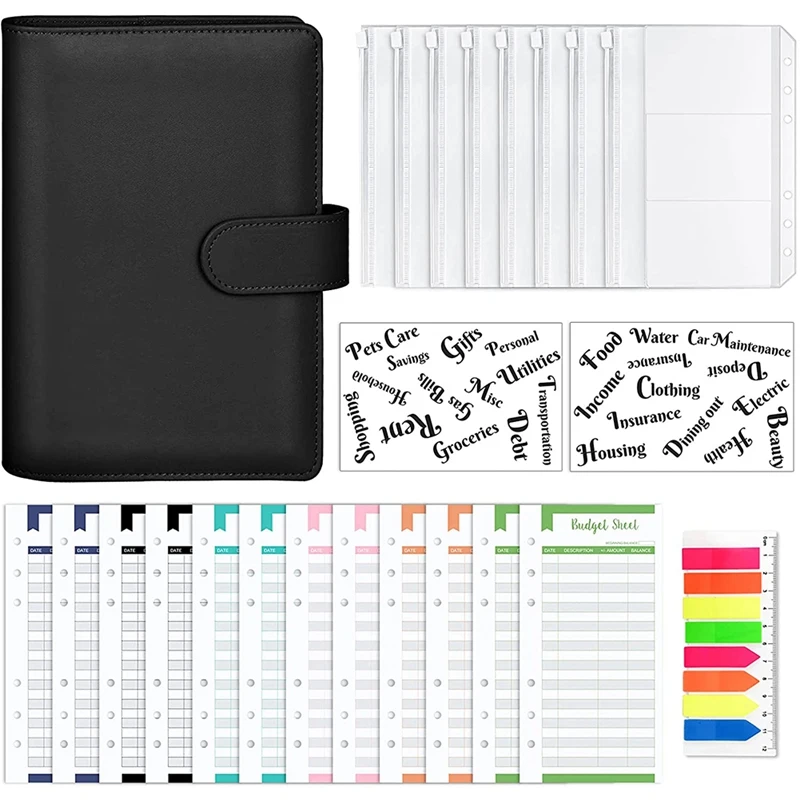

A6 PU Notebook Binder Budget Planning Binder Cover,8 Binder Pockets,Cash Budget Envelope System,For Storing Cash