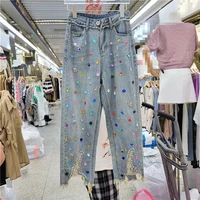 2022 new summer fashion jeans hot girls pants heavy industry frayed diamond beaded holes straight denim pants women thin jean