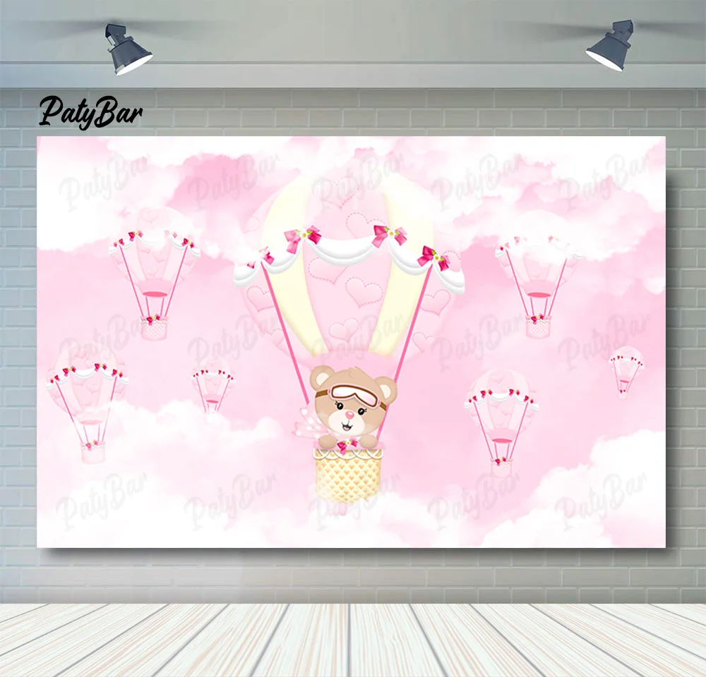 Детский фон PatyBar с медведем для девочек на 1-й День рождения розовым небом
