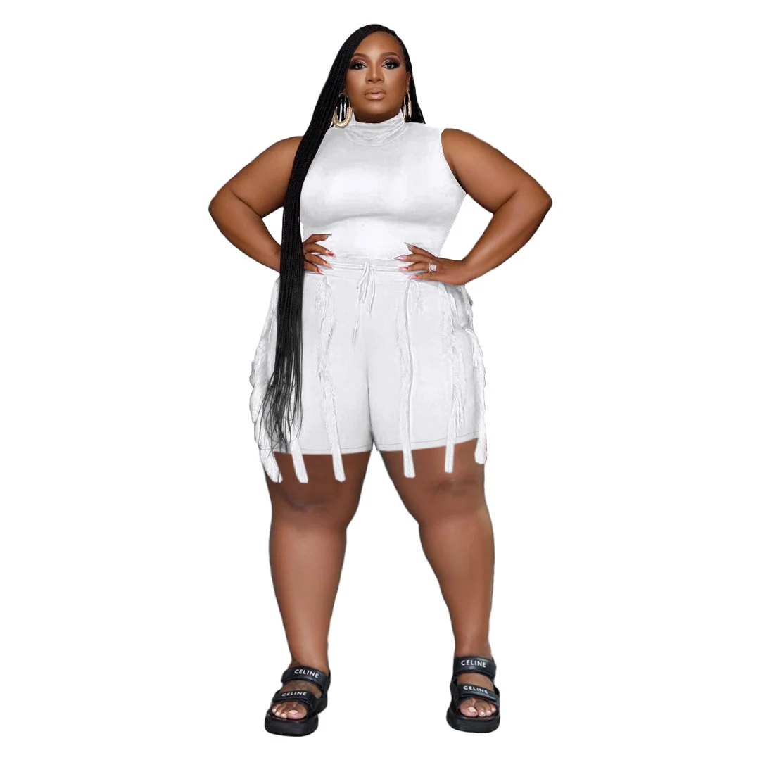 Two-piece Sets Plus Size Women Tassel Shorts Sleeveless Tops Fashion Casual Large Size Solid Color Two-piece Female 2023 Summer