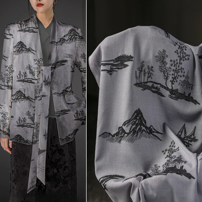 Пессенция пейзажная вышивка ткань для костюма серая нижняя часть черная линия