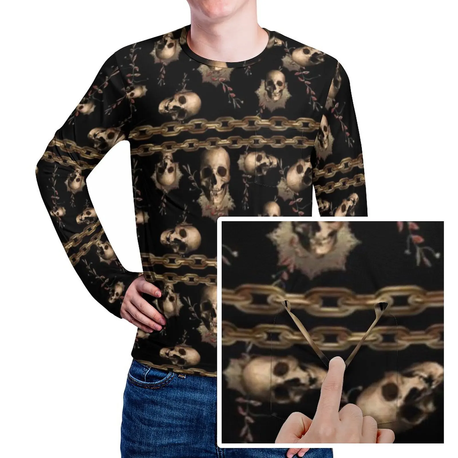 

Футболка в стиле стимпанк с черепом, мужские футболки в стиле хиппи с золотыми цепочками, футболка с графическим рисунком, Классическая футболка с длинным рукавом, большой размер, подарок