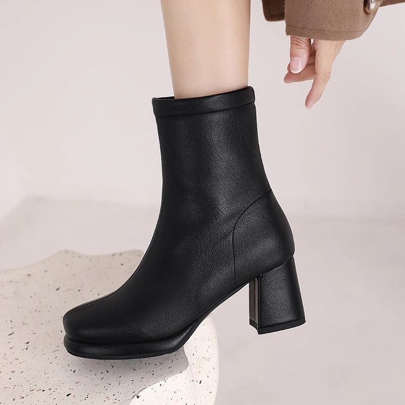 Concise Women Boots Leather 2023 Four Seasons Ankle Booties Chunky High Heels Zipper Platform Shoes