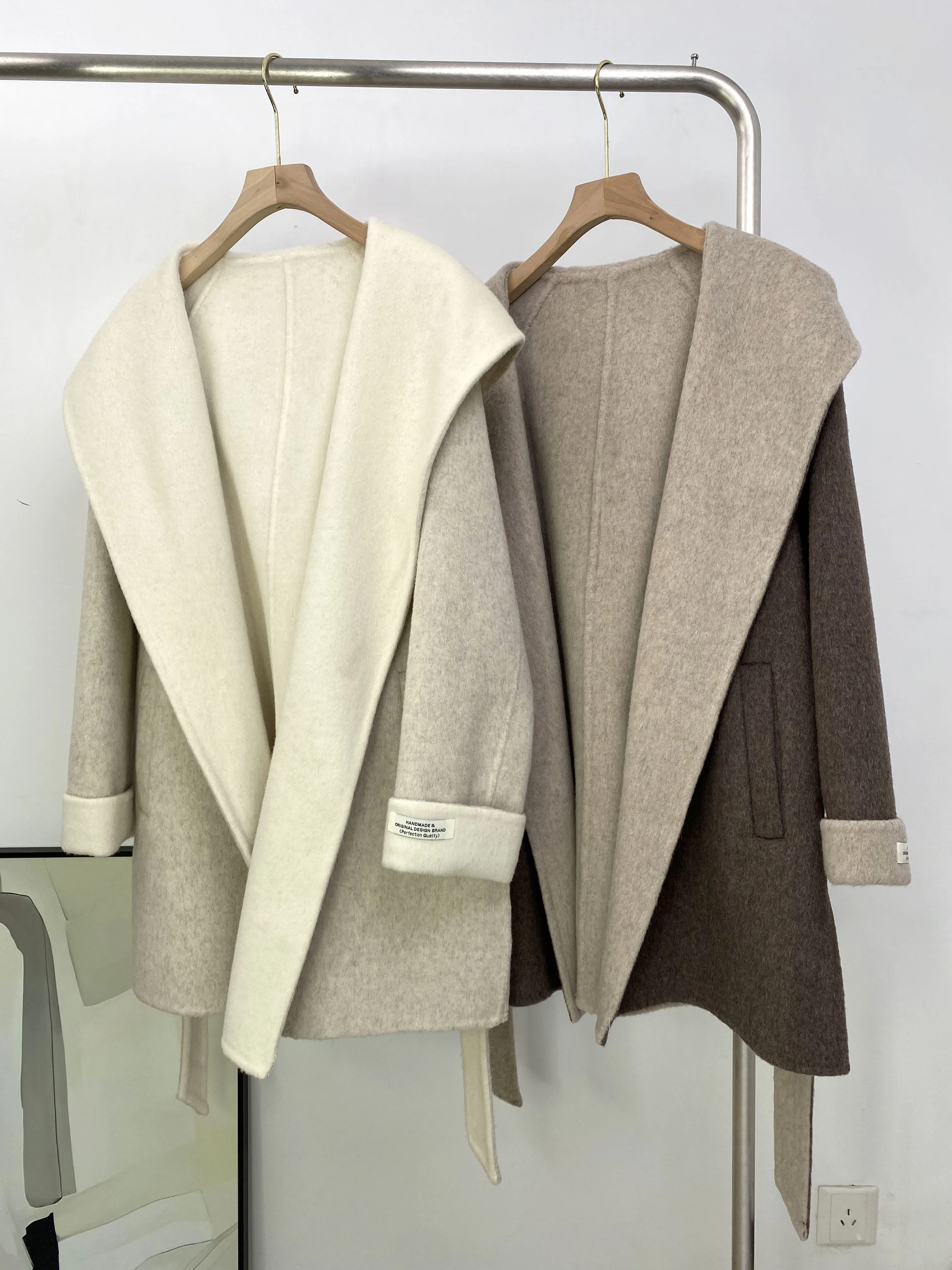 Hood Mid-Length Fleece Outerwear Contrast Color Patchwork Bathrobe Double-sided Woolen Coat Women Small 2024 Winter clothes
