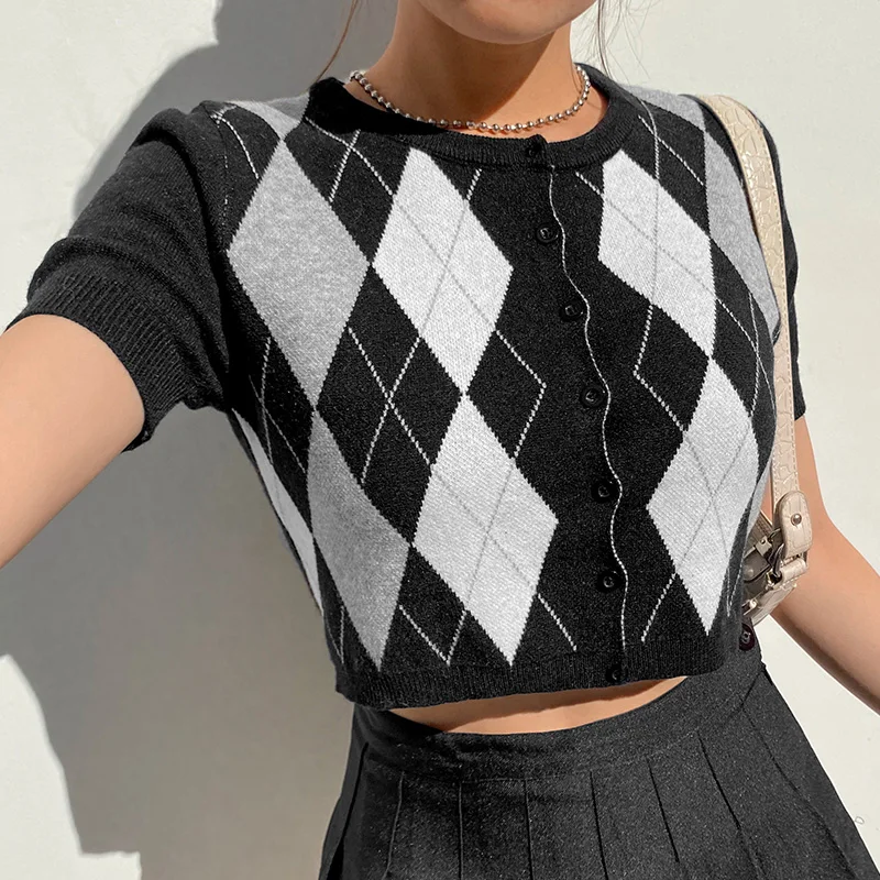 

Ribbed Casual Argyle Tops Fashion Harajuku Short Sleeve Crop Y2k Sweater Oversize Femme Preppy Style Women Tops Summer Sweaters