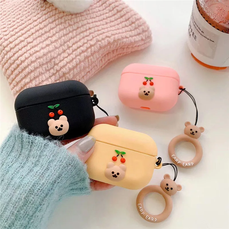 

Fashion Cute Cherry Bear For Apple Airpods 1 2 3 Bluetooth Headphones Protective Case With Pendant For AirPods Pro Girl Case