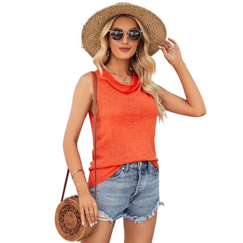 

Knit T-shirt 2023 Spring Summer Sleeveless Heaps Collar Knitted Tank Tops Outer Wear Pile Neck Pullover Thin Sweater Vest Orange