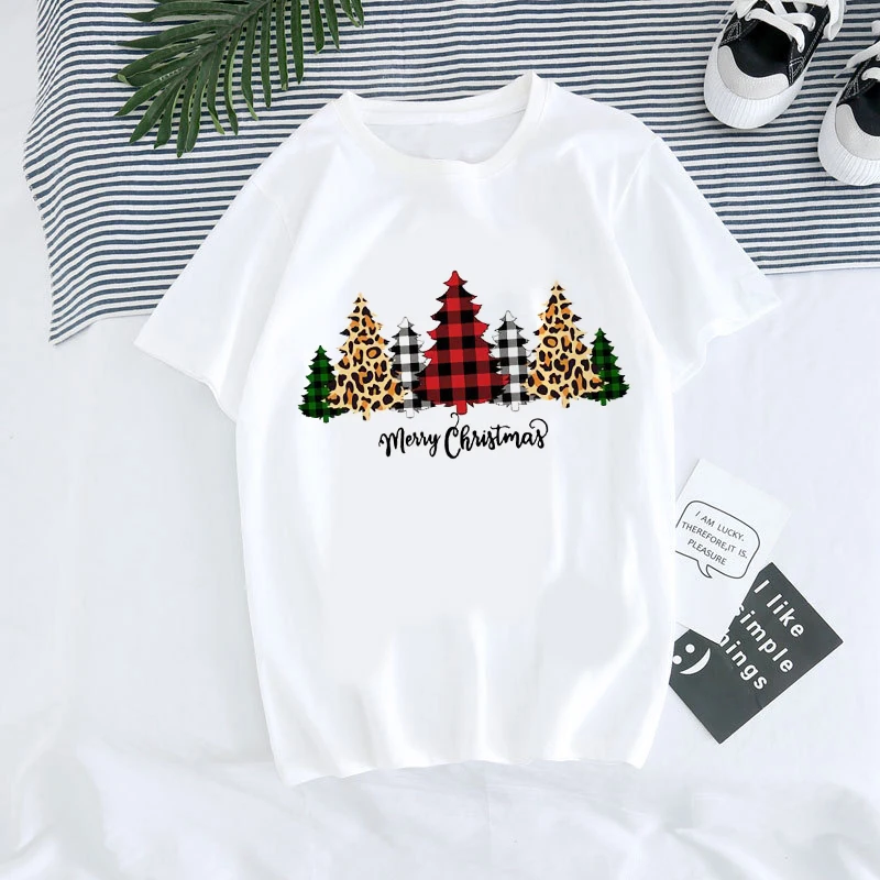 Новогодние подарочные топы леопардовая клетчатая футболка с елкой
