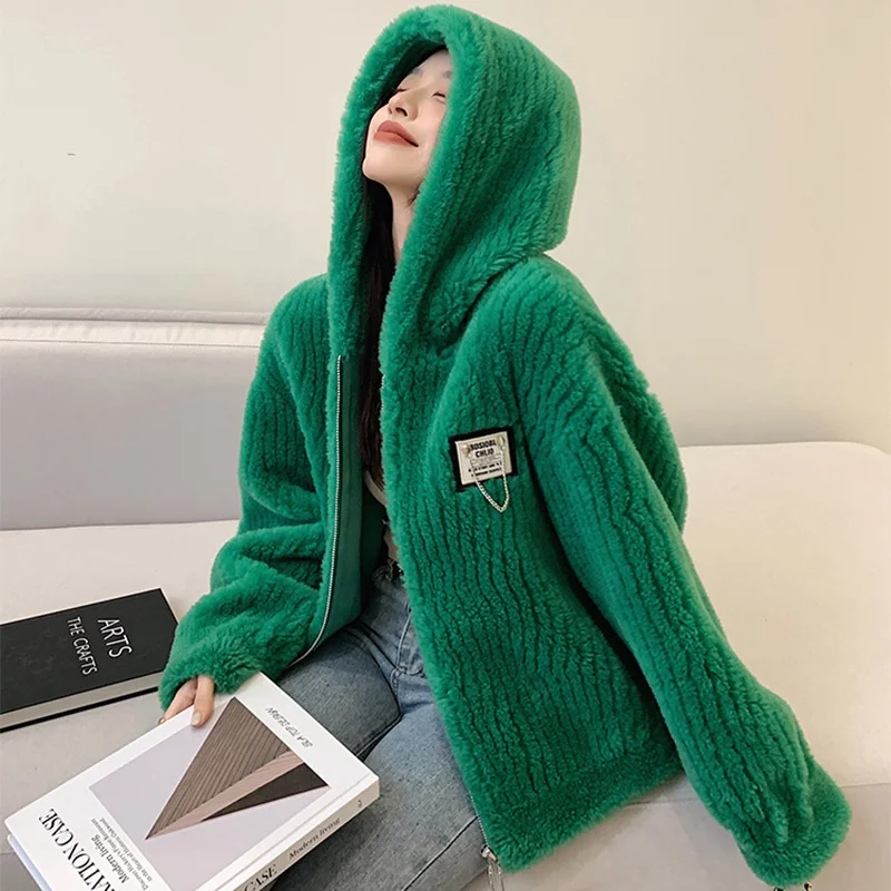 

Women's Winter Hooded Sheepskin Coat 2022 New Casual Sports Short Vertical Stripes Zipper 100% High Quality Lamb's Wool Jackets
