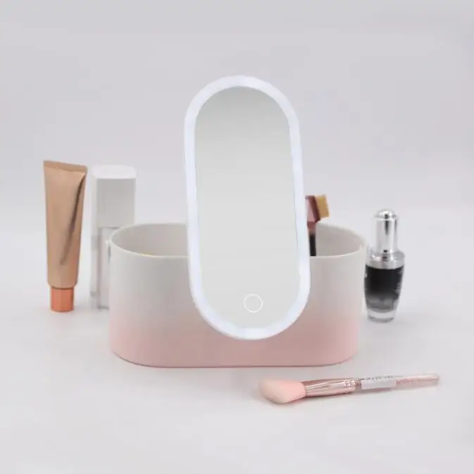 2 in 1 cosmetic storage box with led light Light Mirror Portable Travel Makeup Cosmetics Organizer Touch Light Storage Makeup