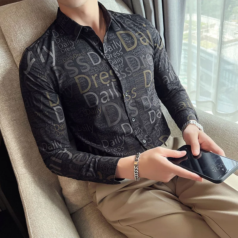 Fashion Letter Print Shirts Men 2022 Autumn Long Sleeve Slim Casual Business Formal Dress Shirt Social Streetwear Tuxedo Blouse