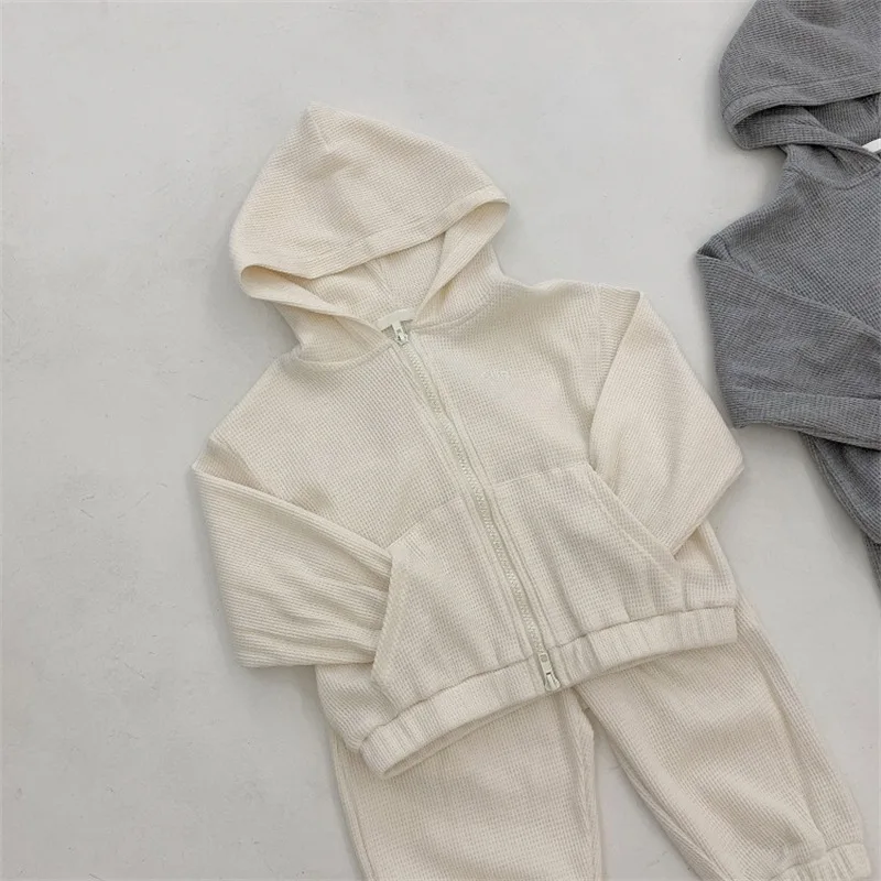 Spring Autumn Boys and Girls Solid color Waffle clothes sets zipper hooded coat and pants 2Pcs children set