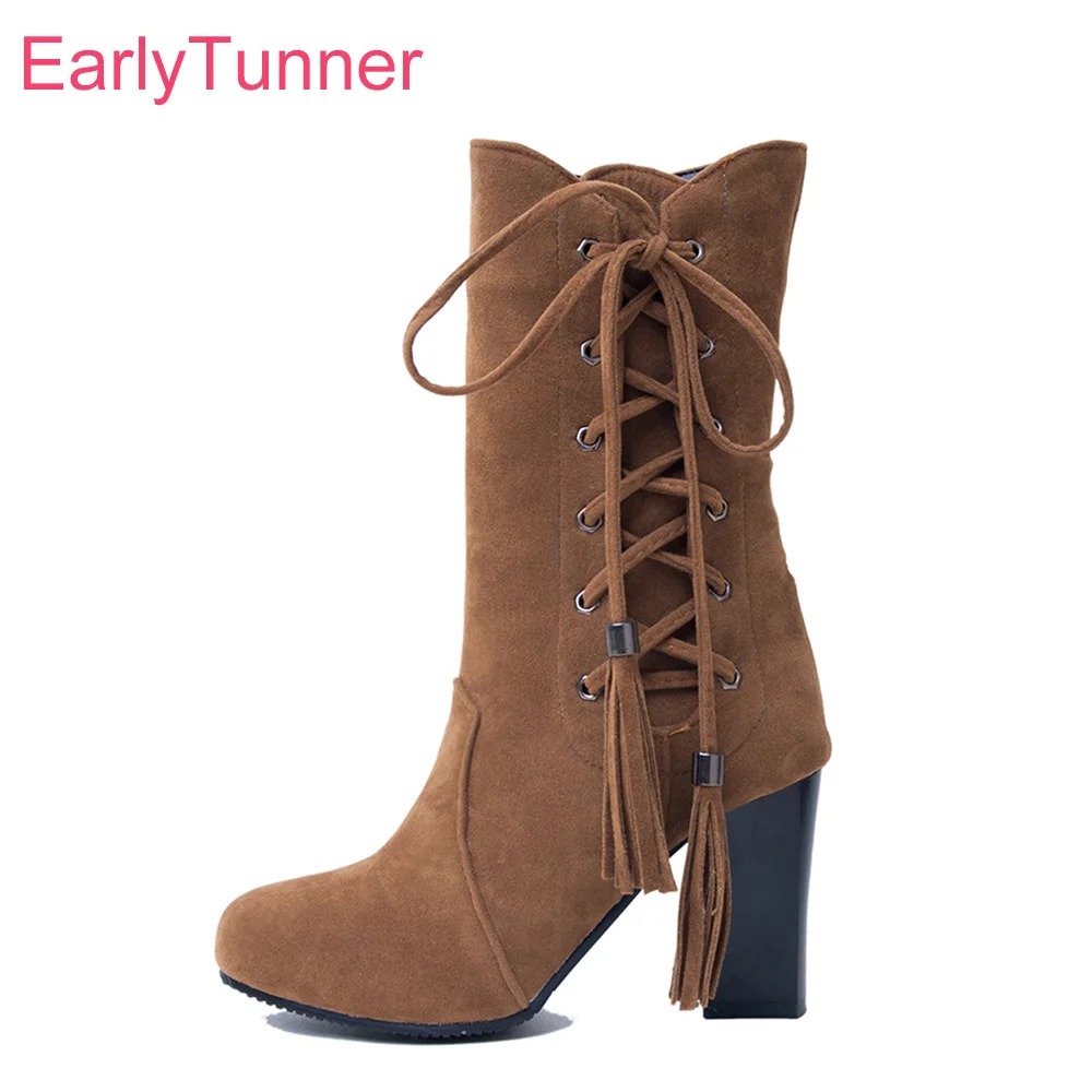 

Женские ботинки на шнуровке, коричневые или красные удобные ботинки до середины икры, на высоком каблуке, большие размеры 10 32 45, зима