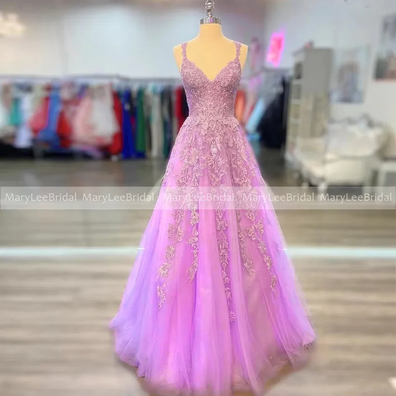 

Lace Embellished A-line Prom Dresses with Plunging V Neck Violet Applique Spaghetti Strap Tulle Evening Gown vestidos de fiesta
