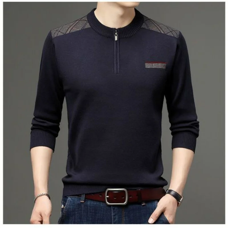 Зимний плотный теплый шерстяной свитер среднего возраста на молнии с воротником