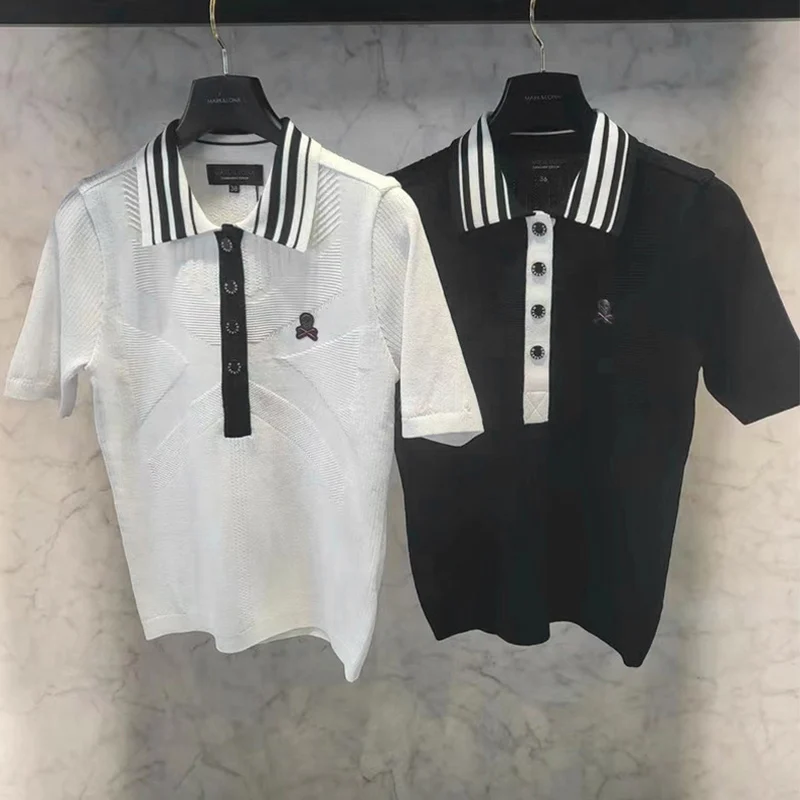 

Mark Golf Clothing Women's Short-sleeved Knitwear 2023 Summer New Striped Lapel Jacquard Joker Top Golf Sports Breathable Jersey
