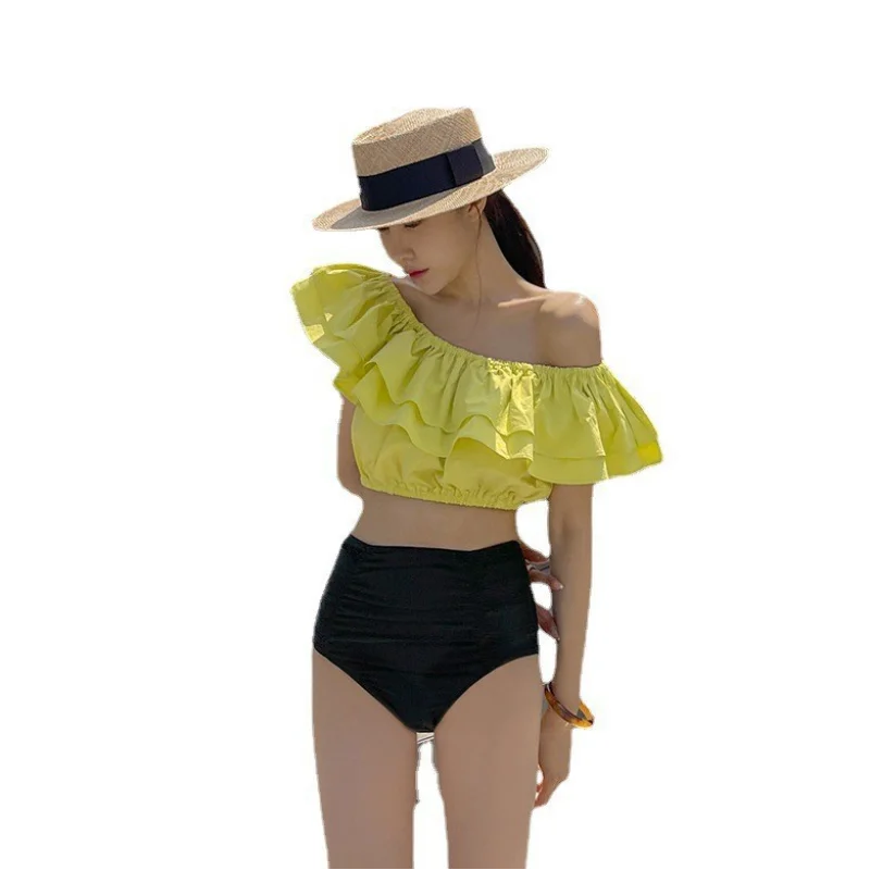 Новый сексуальный желтый бикини с открытыми плечами и оборками купальник