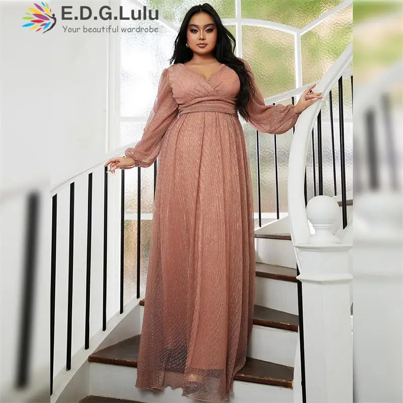 

EDGLuLu Plus Size Women Clothing V-neck Lantern Sleeve Purple Sequins Dress Elegant Party Waist Wrap Long Evening Dress 1128
