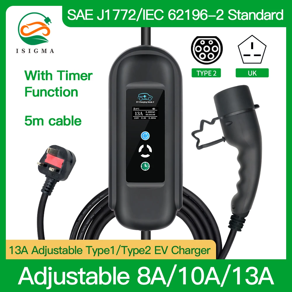 

8A 10A 13A Adjustable Type 2 Type 1 EV Charger With UK 3Pins EV Plug 5m For Electric Vehicles Charging 3.3kw High Quantity