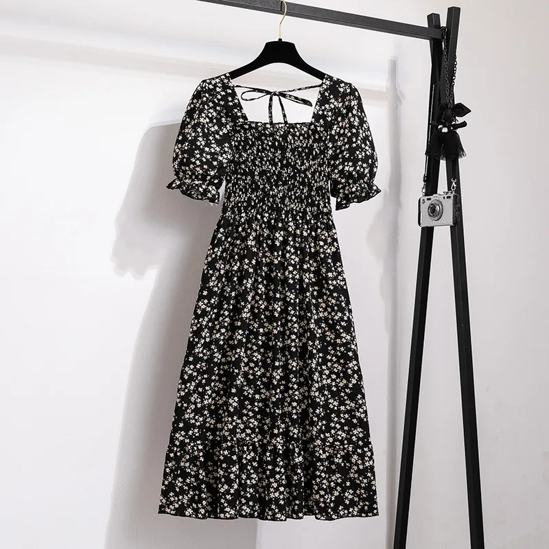 

Boho Summer Dress Vintage Women Elastic Bust Square Collar Party A Line Mid-calf Dress Sexy Puff Short Sleeve Beach Dresses