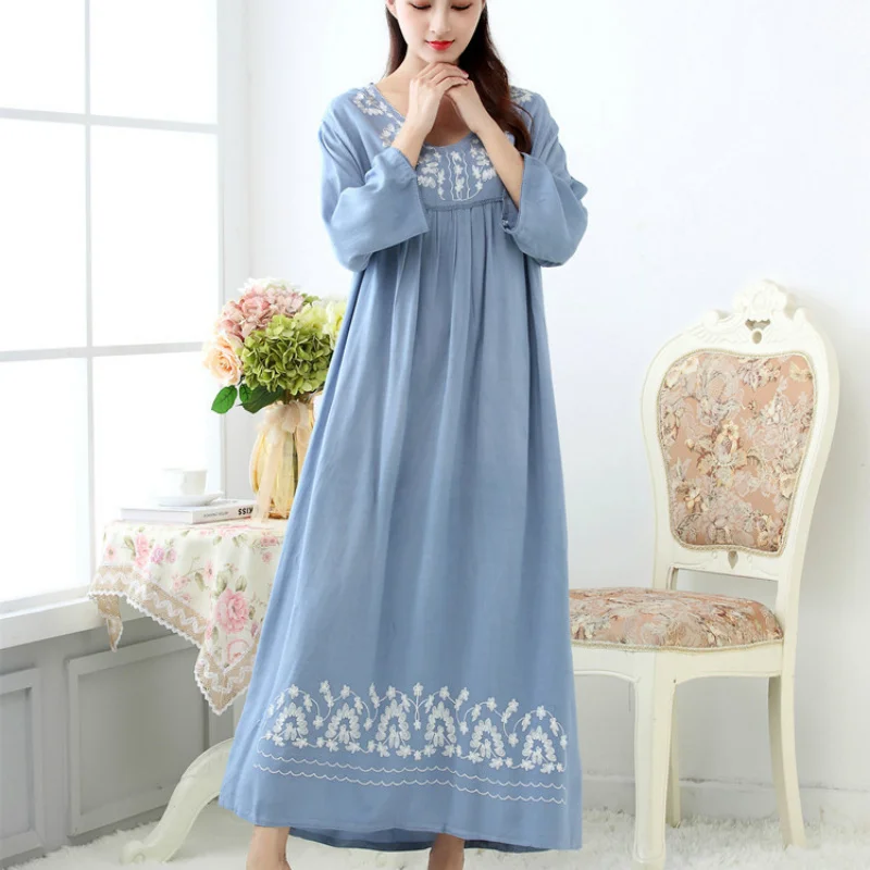 Nightdress Women Cotton Long Sleeve Embroidery Nightgown Loose Sleepwear Autumn Night Comfy Womens Nightwear Sleepshirt Big Yard