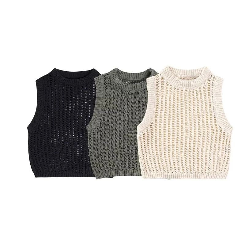 

Женский трикотажный короткий топ без рукавов, привлекательный облегающий Универсальный ажурный топ с круглым вырезом, лето 2023