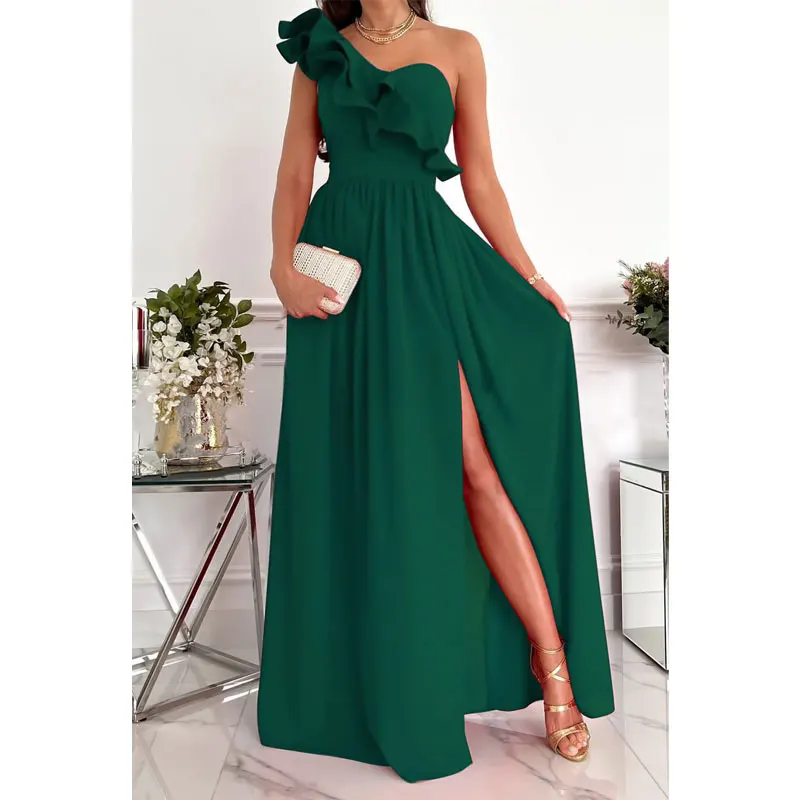 

Women Solid Color Sleeveless One Shoulder Ruffles Pleated Summer Casual Split Long Dresses