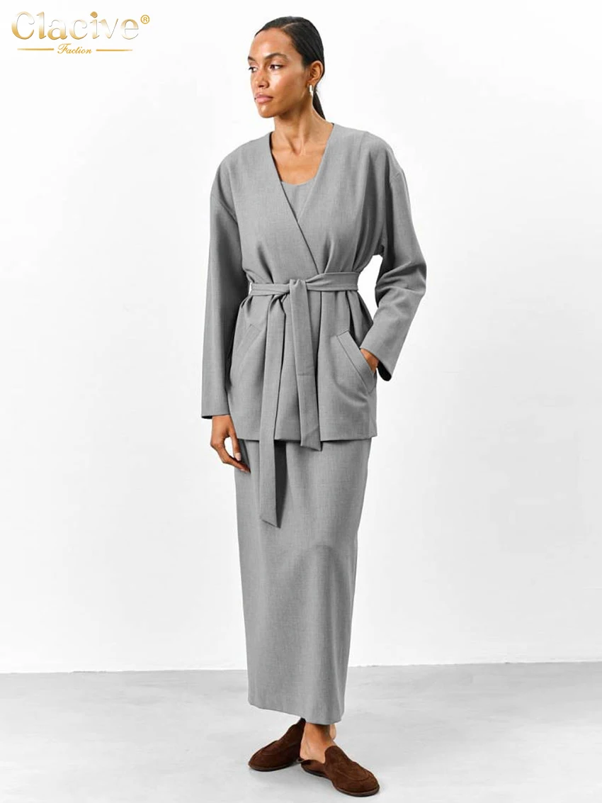Clacive модный свободный серый офисный женский комплект из двух предметов