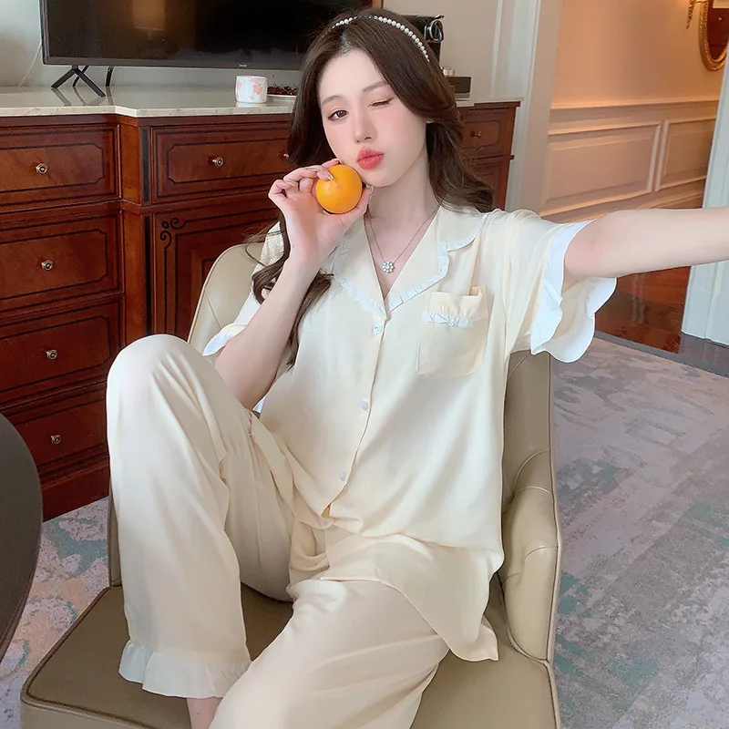 Pajamas female summer student princess style thin short-sleeved trousers home suit solid color loungewear with turn-over collar