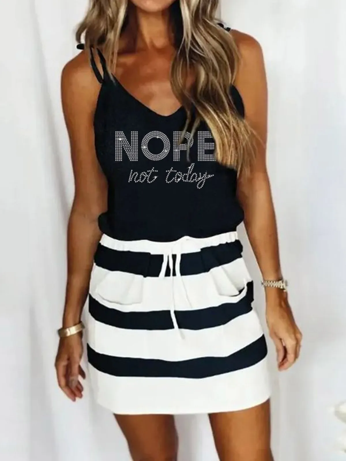 

Summer Nope Not Today Striped Pocket Drawstring Mini Dress Sexy Casual Off Shoulder Short Bodycon Stretchy Club Party Dress