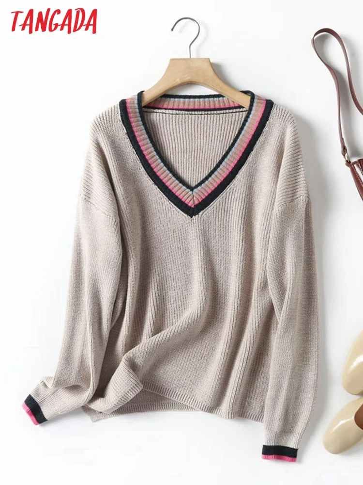 

Tangada Women 2022 Fashion Knitted Sweater jumper V Neck Female Elegant Oversize Pullovers Chic Tops BC2