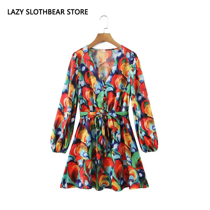 

Женское Повседневное платье с цветочным принтом, офисное ТРАПЕЦИЕВИДНОЕ мини-платье с длинным рукавом, V-образным вырезом, высокой талией и ...