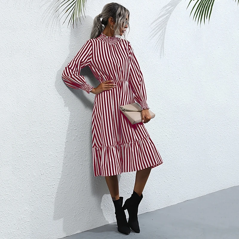 

Women Striped Dresses Casual Summer Long Sleeve Mock Neck Sun Short Dress