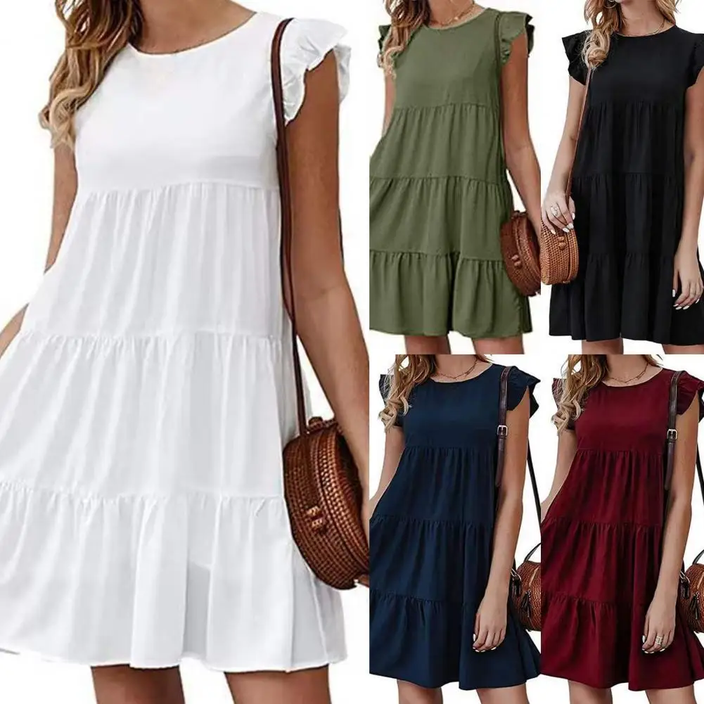 

Beach Dress Solid Color Ruffles Summer Loose-fitting Above Knee Dress for Party