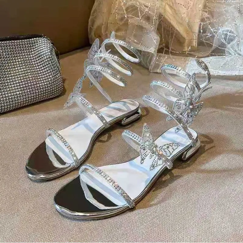 

Summer Crystal Flat Sandals 2022 Women Bling Butterfly Ladies Sandals Female Sweet Flat Sandals Girl Cool Shoes Chaussure Femme