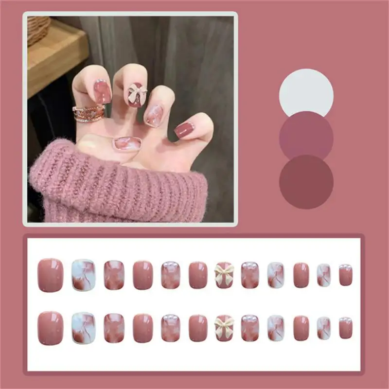 

16 Colors Cute False Nail Pearl Bow Wearing Nail Removable Enhancement Patch Lightweight Cute Nail Patch Finished Product Girls
