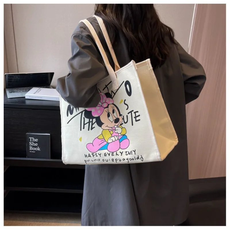 Disney Student Shoulder Bag for Girls Women Luxury Designer Mickey Minnie Handbags Large Capacity Canvas Tote Bag with Zipper