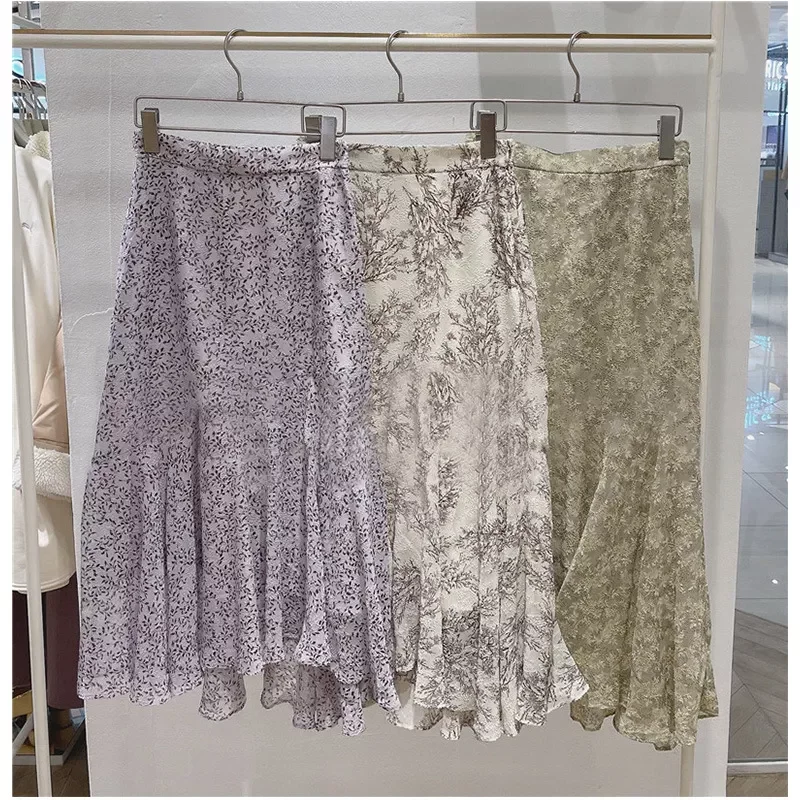 

Kuzuwata 2022 New Arrival Spring Women Skirt Chiffon Print High Waist Skirts Faldas Mujer Moda Pleated Skirt
