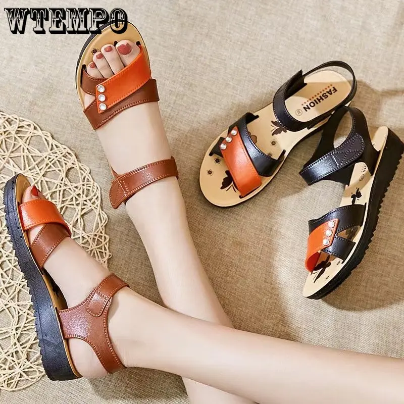 

WTEMPO Summer Women's Platform Wedge Sandals Hook and Loop Fasteners High-end Brown Simple Round Toe Sandals for Women