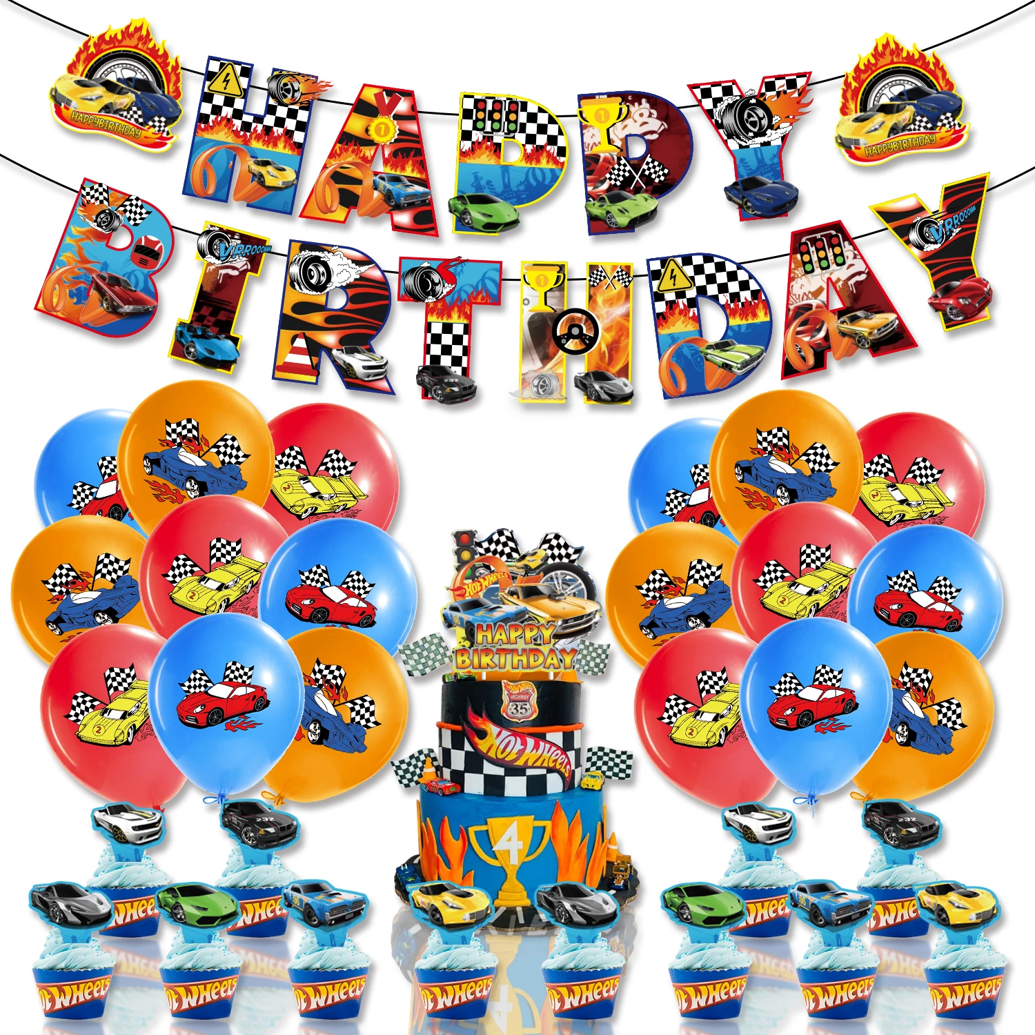 Hot Wheels Balloons Racing Car Party  Birthday Party Decorations Cake Toppers Boys Supplies Decorations