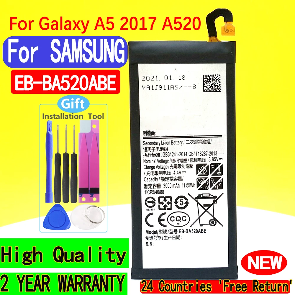Новый аккумулятор для Samsung Galaxy A5 2017 Edition A520 EB-BA520ABE A520K A520L A520S A520W A520F/DS с инструментами
